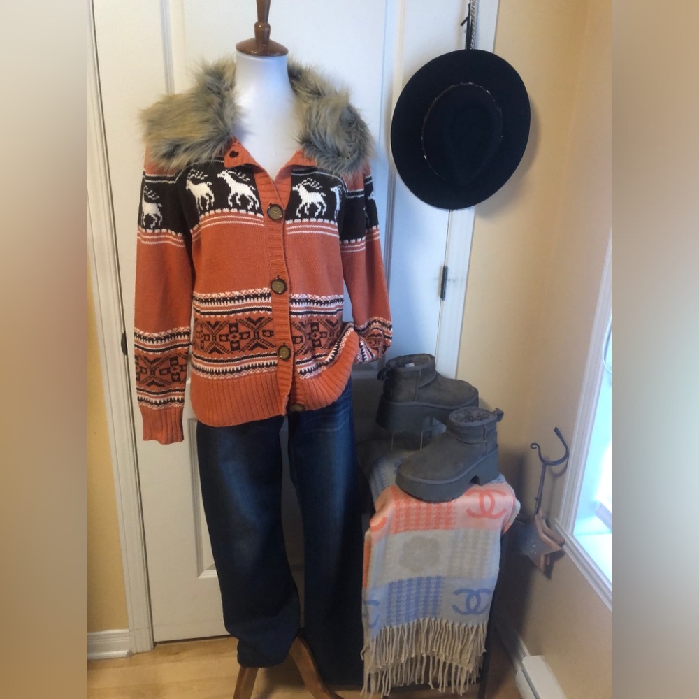 vintage Orange Fair Isle Cardigan wool /rabbit fur blend